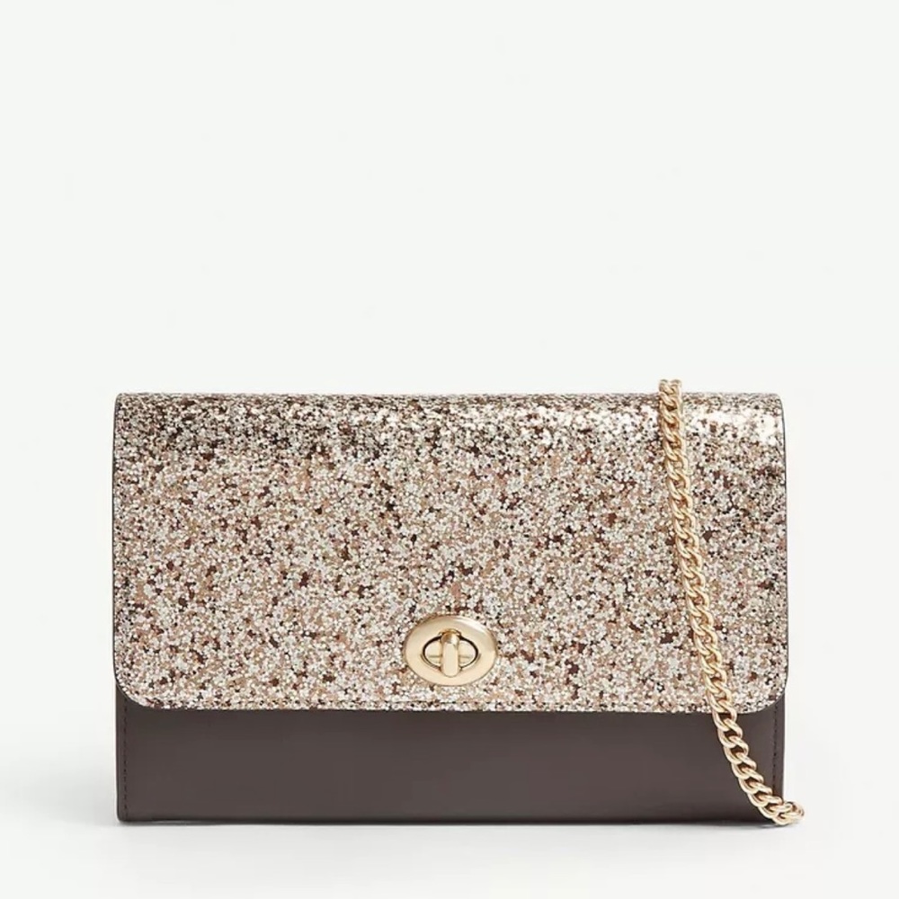Coach Glitter Turnlock Chain Crossbody Clutch gold/platinum/dark brown